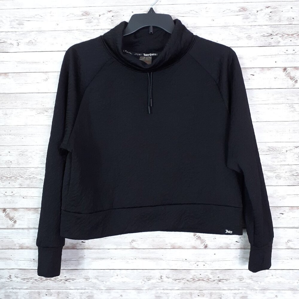 Juicy Couture Sport Womens Top L Cowl Neck Drawstring Textured Black 497